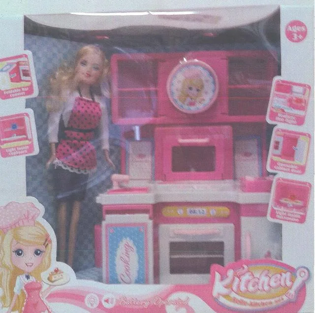 Kitchen set with plastic doll