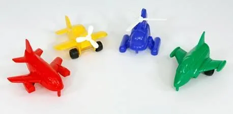 Plastic toy cars and aeroplanes
