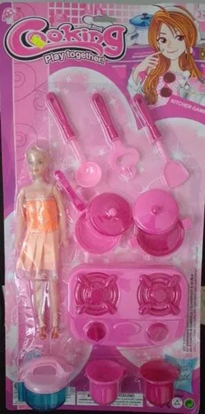 Plastic doll with cooking set