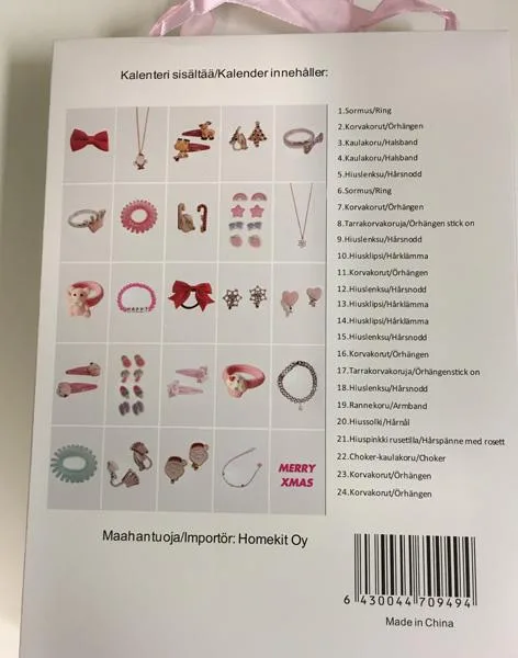 Advent calendar containing jewellery