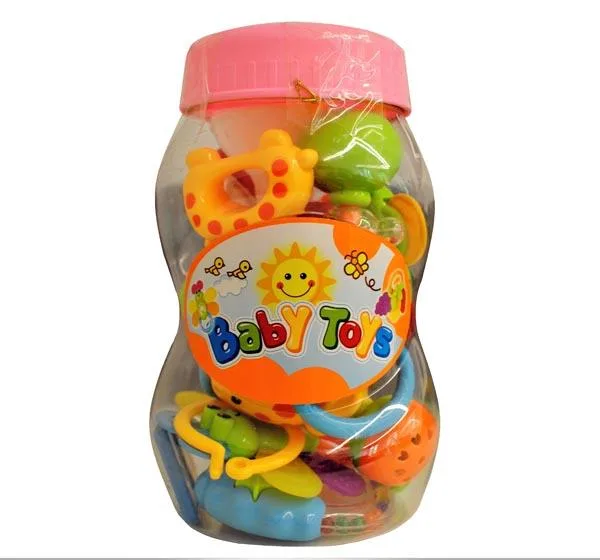 Baby bottle with teethers and rattles