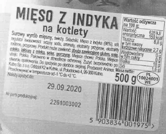 Mięso z indyka na kotlety. „Morliny” Surowy wyrób mięsny świeży, 500 g