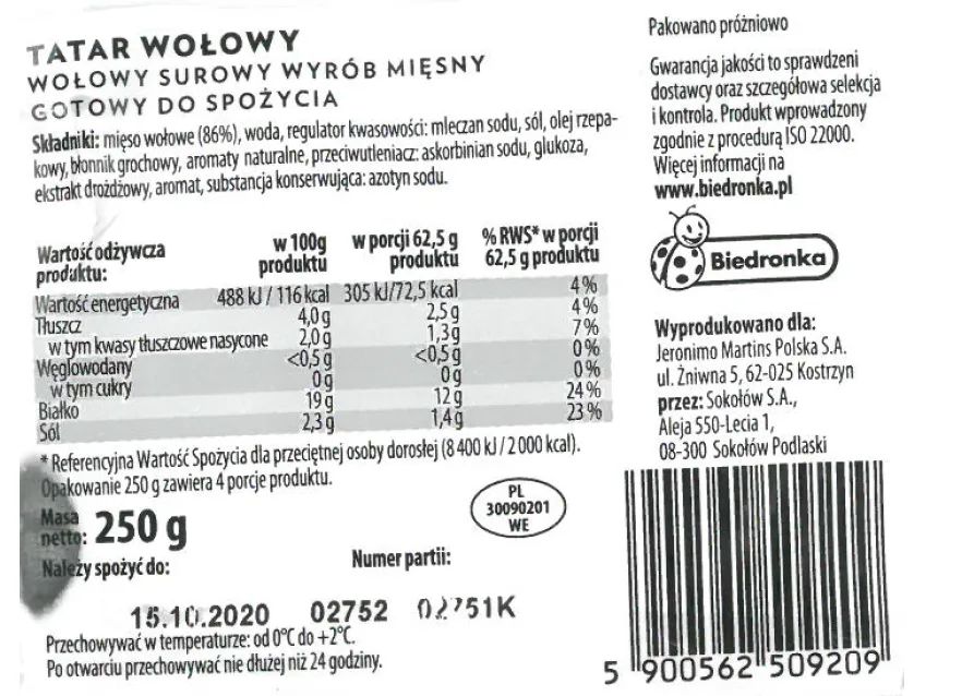 „Tatar wołowy. Kraina Mięs”, 250 g