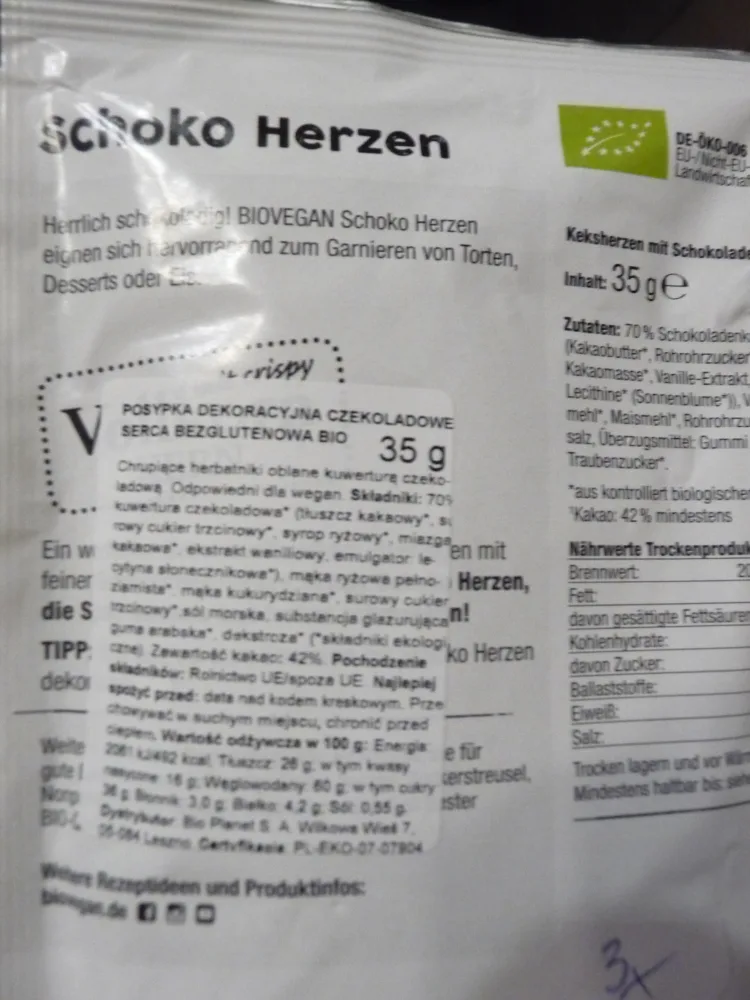 Ostrzeżenie publiczne dotyczące żywności: Wycofanie 3 partii produktu pn. POSYPKA DEKORACYJNA CZEKOLADOWE SERCA BEZGLUTENOWA BIO 35 g - BIOVEGAN ze względu na obecność glutenu