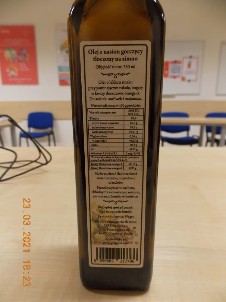 Ostrzeżenie publiczne dotyczące żywności: wycofanie produktu pn. Olej z nasion gorczycy, tłoczony na zimno, 100%, 250 ml