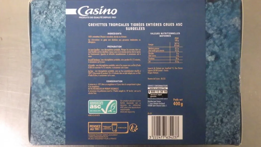 Crevette entières tropicales surgelées 400g