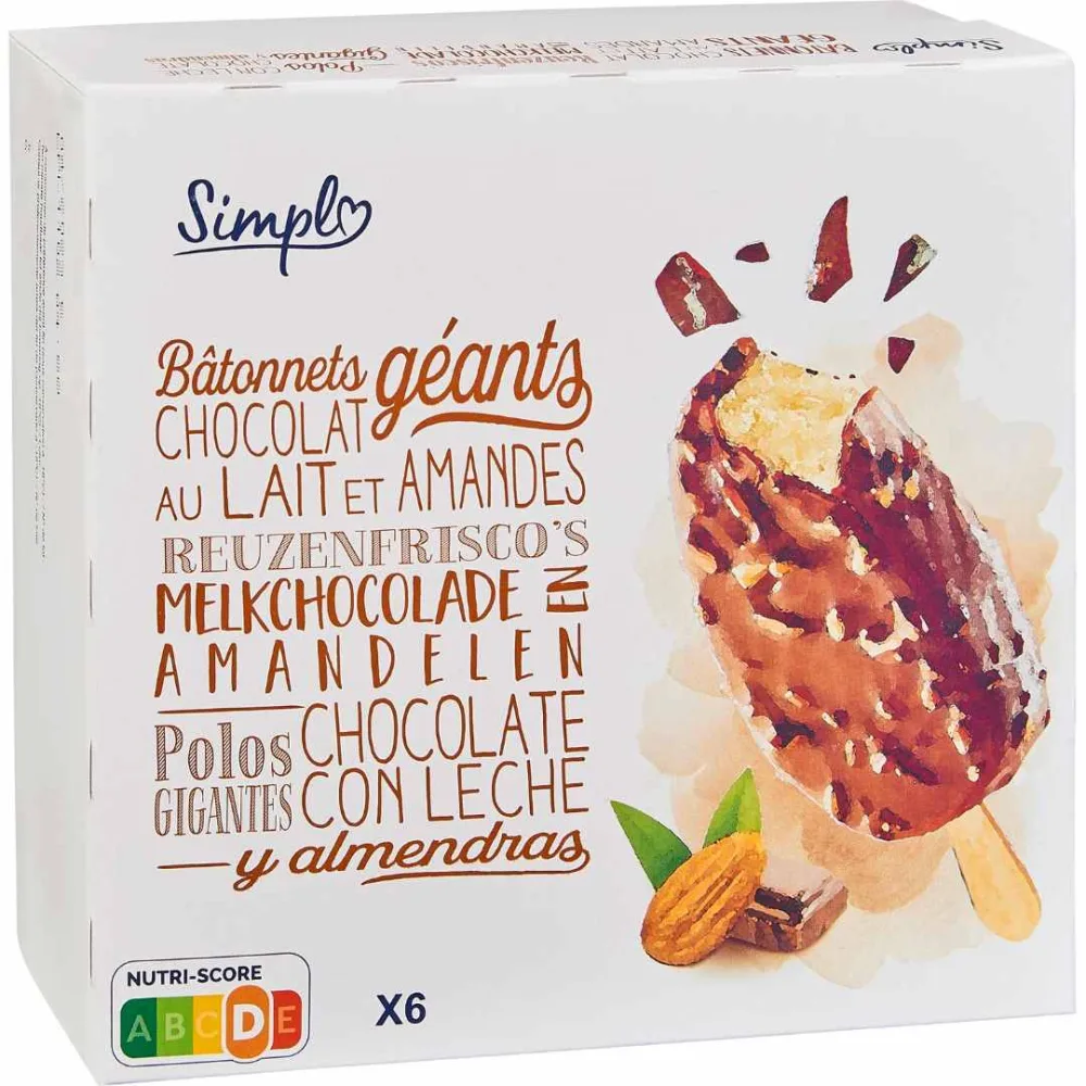 Bâtonnets géants chocolat au lait et amandes x6