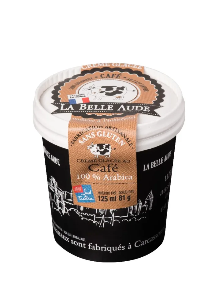 Crèmes glacées à la vanille aux gousses de vanille bourbon de madagascar 125ml, crème glacée au café 125ml, crème glacée au caramel à la fleur de sel de gruissan 125ml, crème glacée au yaourt bulgare 125ml.