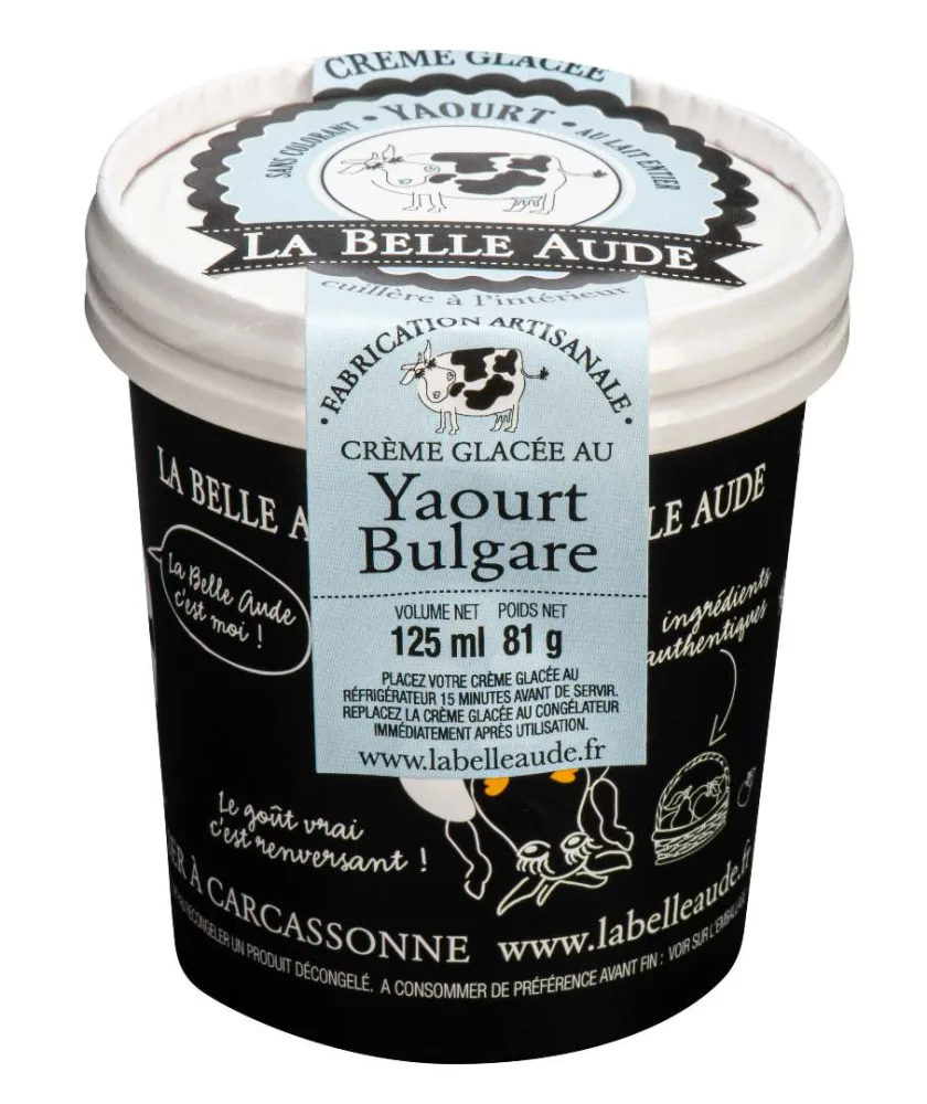 Crèmes glacées à la vanille aux gousses de vanille bourbon de madagascar 125ml, crème glacée au café 125ml, crème glacée au caramel à la fleur de sel de gruissan 125ml, crème glacée au yaourt bulgare 125ml.