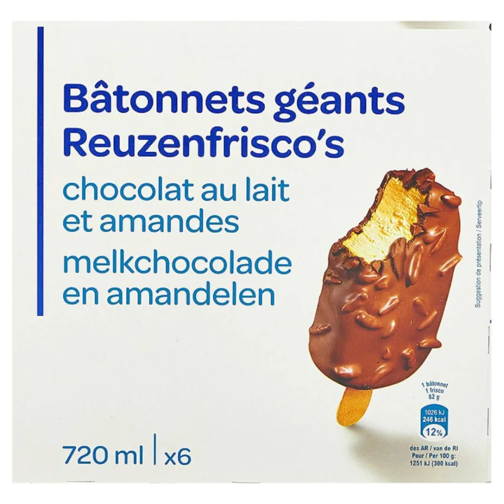 Bâtonnets géants chocolat au lait et amandes x6