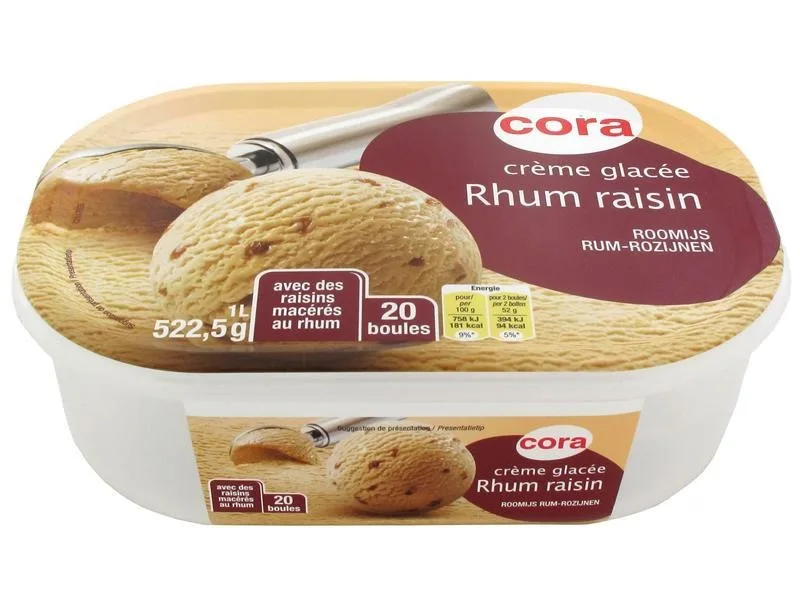 Crème glacée rhum raisin bac 1l cora