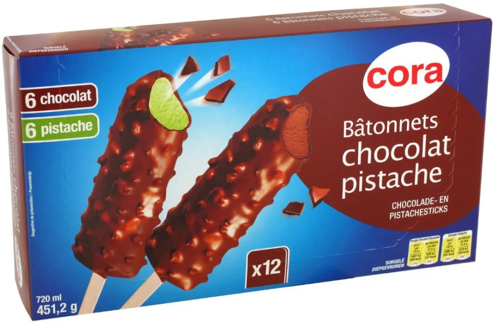 Bâtonnets chocolat/pistache 12x60 ml cora
