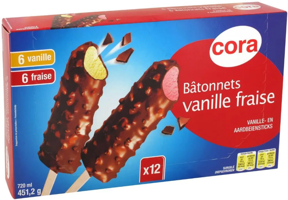 Bâtonnets vanille/fraise 12x60 ml cora