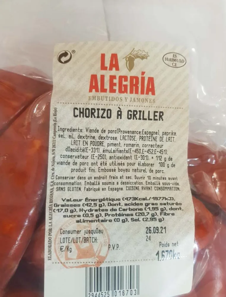 Chorizo doux a griller