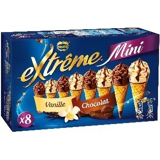 Extreme 8 mini fraise pistache , extreme 8 mini vanille et chocolat , extreme 8 mini sundae chocolat et caramel extreme 8 mini vanille
