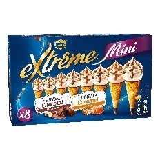 Extreme 8 mini fraise pistache , extreme 8 mini vanille et chocolat , extreme 8 mini sundae chocolat et caramel extreme 8 mini vanille