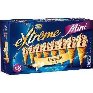 Extreme 8 mini fraise pistache , extreme 8 mini vanille et chocolat , extreme 8 mini sundae chocolat et caramel extreme 8 mini vanille