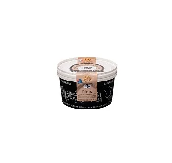 Crèmes glacées 550 ml : miel de garrigue amande, noisette pralinée avec éclats de noisette pralinée, noix avec morceaux de figue, pistache aux éclats de pistaches grillés, plombières.