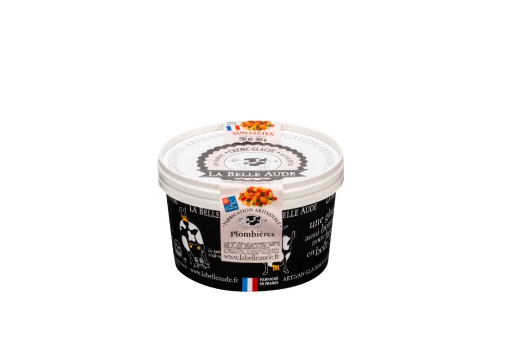 Crèmes glacées 550 ml : miel de garrigue amande, noisette pralinée avec éclats de noisette pralinée, noix avec morceaux de figue, pistache aux éclats de pistaches grillés, plombières.