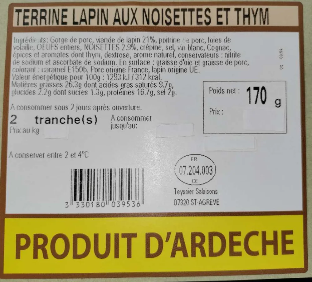 Terrine lapin aux noisettes et thym