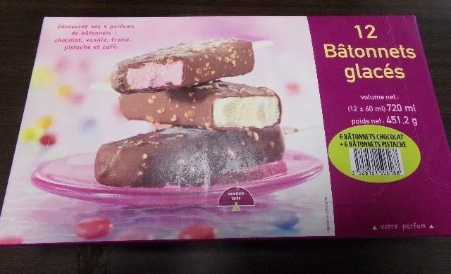 12 bâtonnets glacés - 6 bâtonnets chocolat et 6 bâtonnets pistache