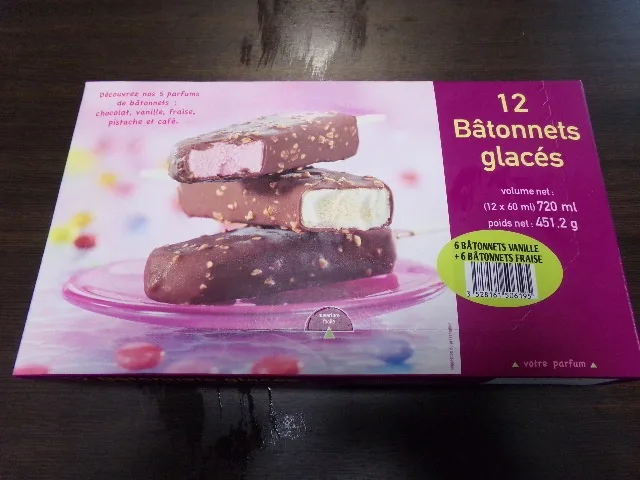 12 bâtonnets glacés - 6 bâtonnets vanille et 6 bâtonnets fraise
