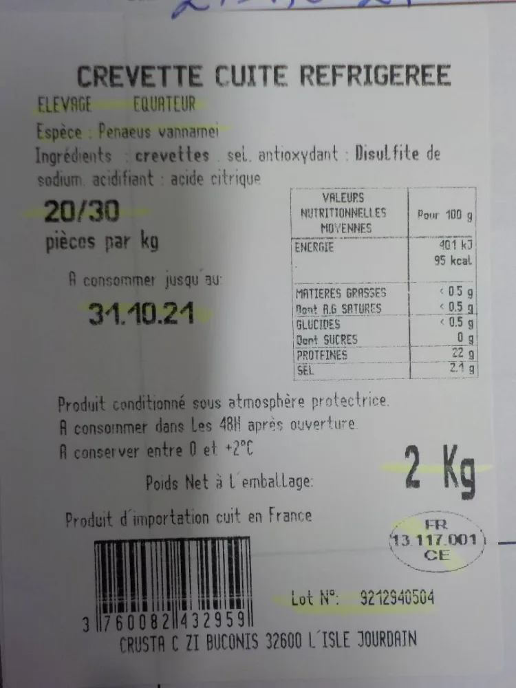 Crevettes entières cuites réfrigérées