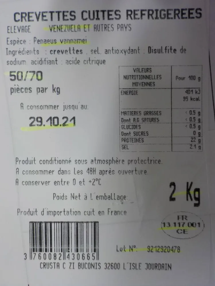 Crevettes entières cuites réfrigérées