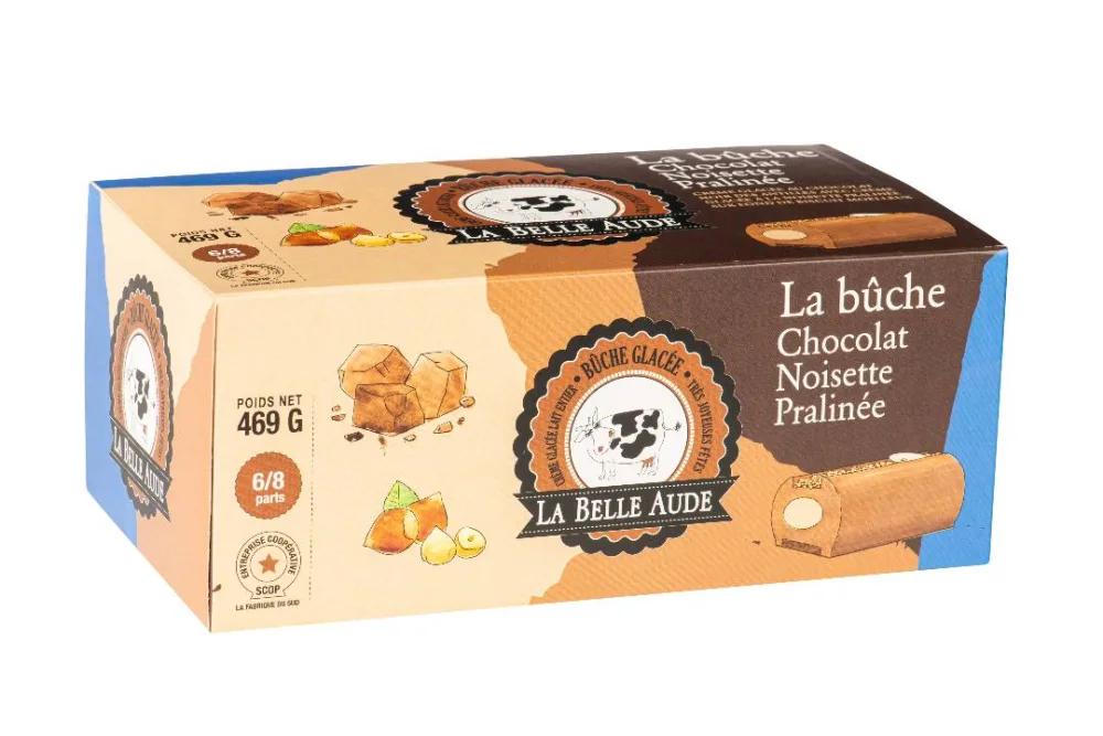 La bûche chocolat noir-mandarine kalamansi, la bûche chocolat-noisette pralinée, la bûche marron vanille.
