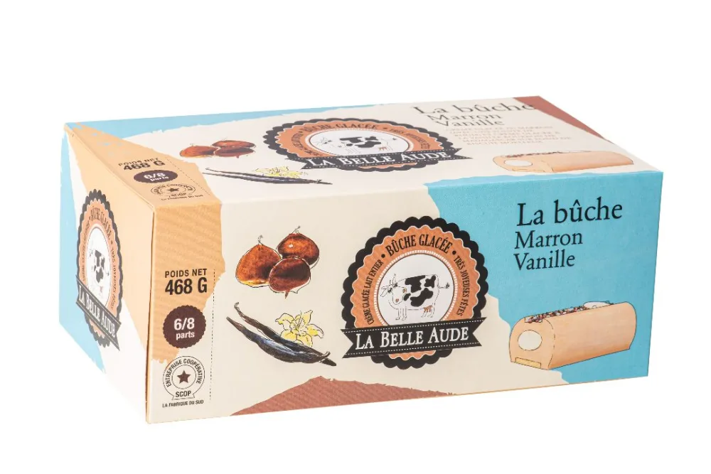 La bûche chocolat noir-mandarine kalamansi, la bûche chocolat-noisette pralinée, la bûche marron vanille.