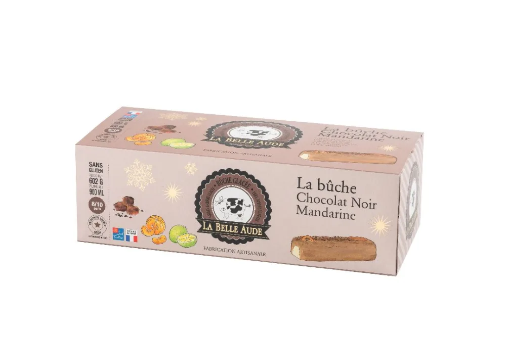 La bûche chocolat-noisette pralinée, la bûche chocolat noir-mandarine, la bûche vanille-mangue passion, la bûche abricot-nougat, la bûche marron-vanille.