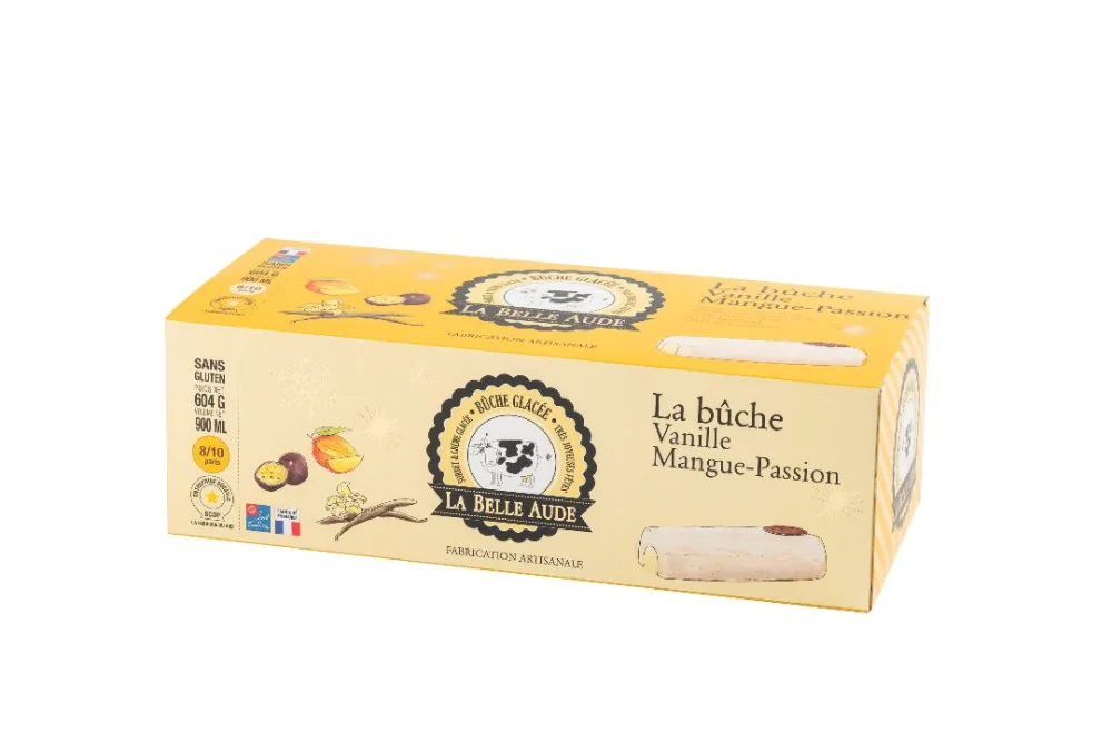La bûche chocolat-noisette pralinée, la bûche chocolat noir-mandarine, la bûche vanille-mangue passion, la bûche abricot-nougat, la bûche marron-vanille.