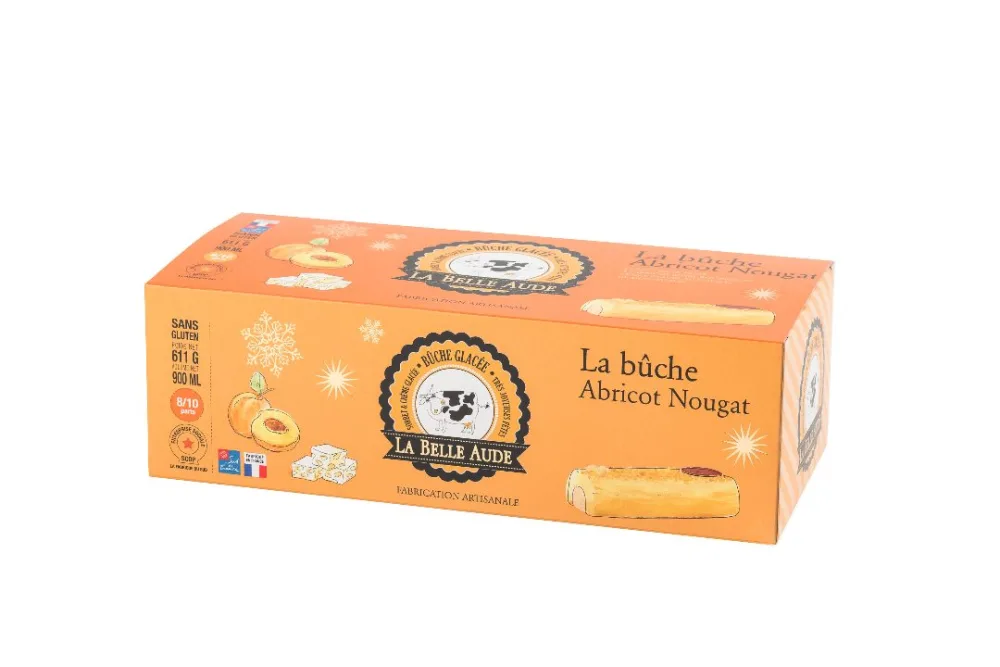 La bûche chocolat-noisette pralinée, la bûche chocolat noir-mandarine, la bûche vanille-mangue passion, la bûche abricot-nougat, la bûche marron-vanille.