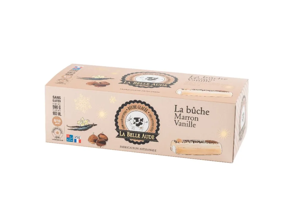 La bûche chocolat-noisette pralinée, la bûche chocolat noir-mandarine, la bûche vanille-mangue passion, la bûche abricot-nougat, la bûche marron-vanille.