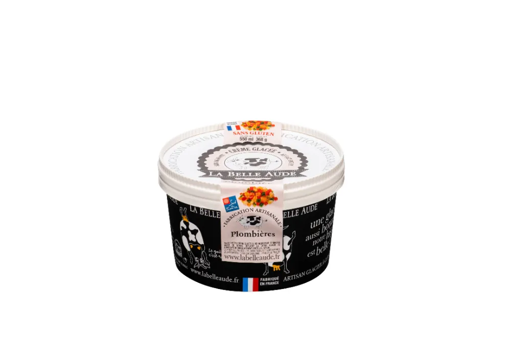 Crèmes glacées 550 ml : noisette pralinée avec éclats de noisette pralinée, pistache aux éclats de pistache grillés, plombières, réglisse