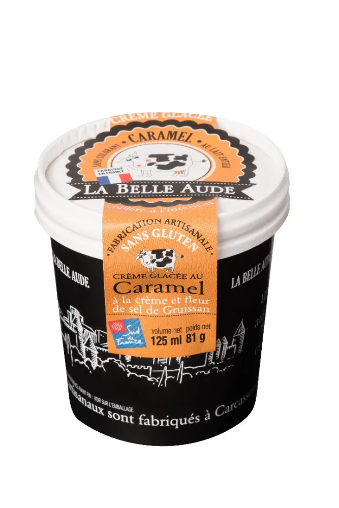 Crèmes glacées 125ml : café 100% arabica, caramel à la crème et fleur de sel de gruissan, chocolat, menthe avec feuilles de menthe et copeaux de chocolat, noisette pralinée avec éclats de noisette pralinée, vanille aux gousses bourbon de madagascar.