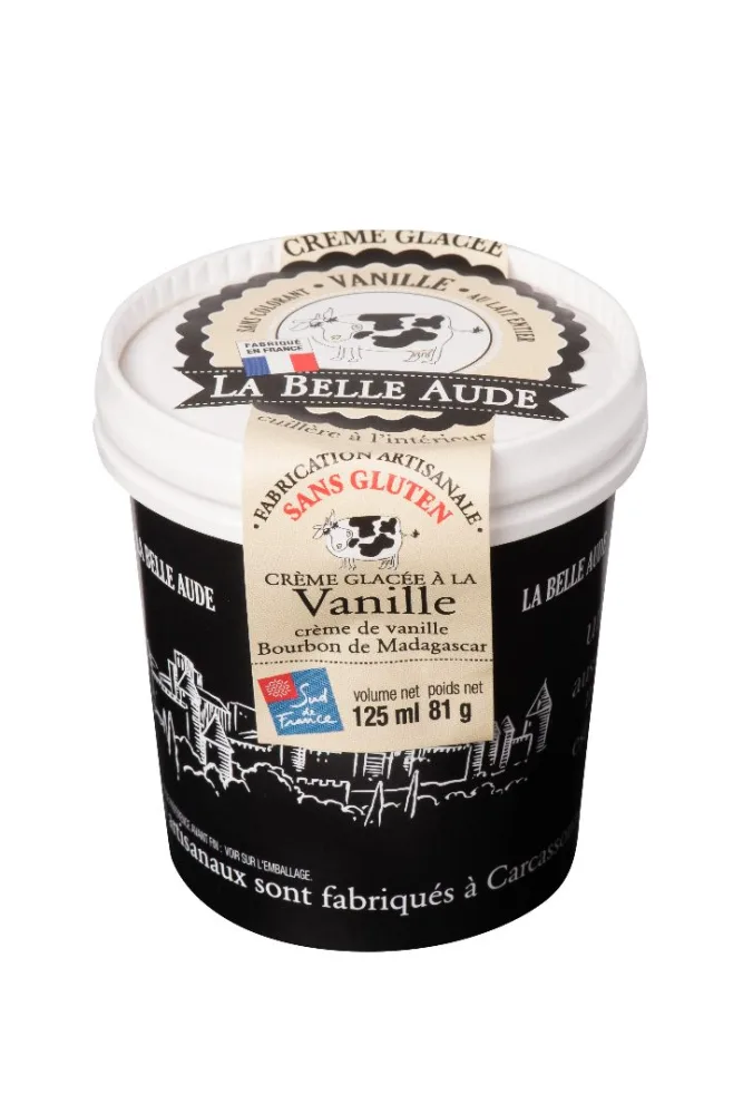 Crèmes glacées 125ml : café 100% arabica, caramel à la crème et fleur de sel de gruissan, chocolat, menthe avec feuilles de menthe et copeaux de chocolat, noisette pralinée avec éclats de noisette pralinée, vanille aux gousses bourbon de madagascar.