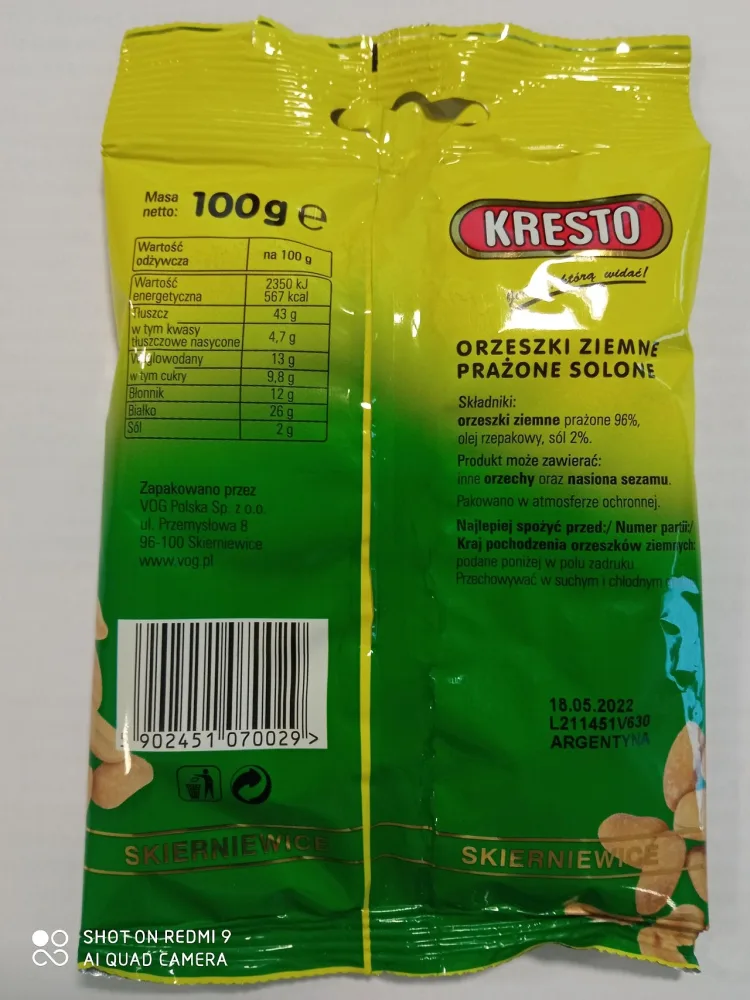Ostrzeżenie publiczne dotyczące żywności: Stwierdzenie przekroczenia dopuszczalnego limitu aflatoksyn w partii produktu pn. KRESTO Orzeszki ziemne prażone solone, 100 g