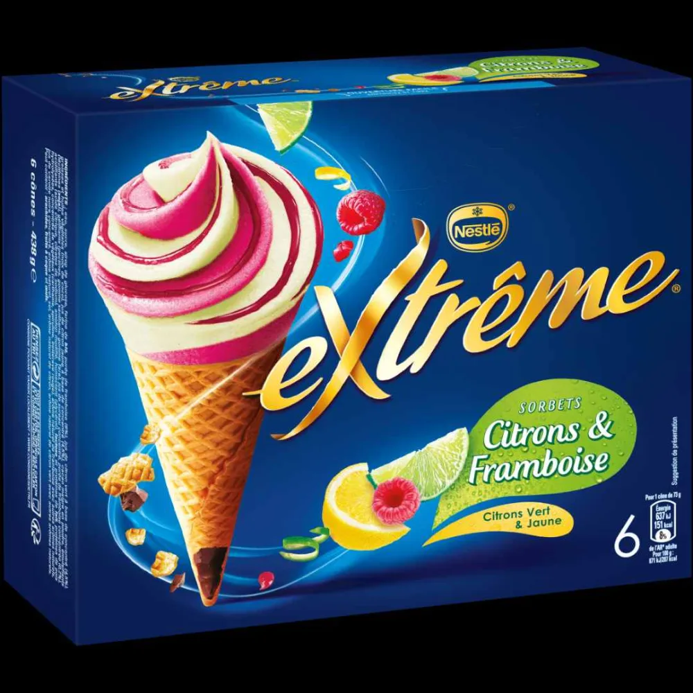 6 cones fruits rouges extrême 6 cones mojito extrême 6 cones citron framboise extrême 6 cones chocolat extrême