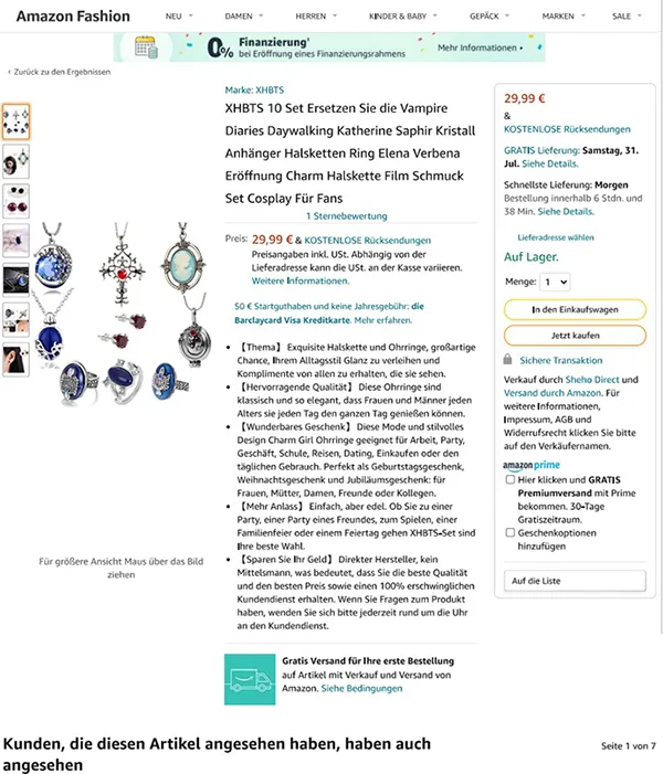 Fashion jewellery, necklace, rings and earrings