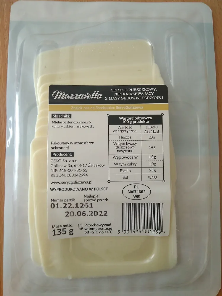 Ostrzeżenie publiczne dotyczące żywności: Wycofanie jednej partii sera Mozzarella w plastrach ze względu na wykrycie Listeria monocytogenes