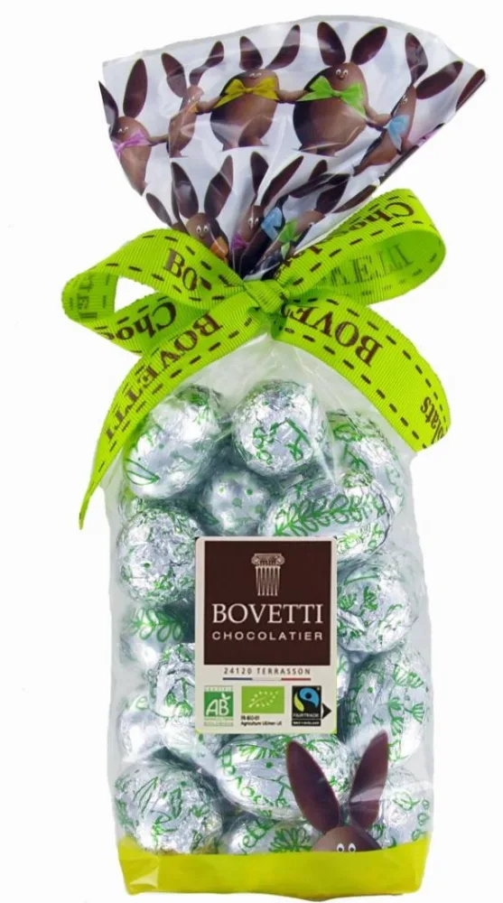 Petits œufs fourrés praliné chocolat noir bio
