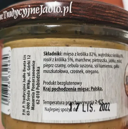Pasztet z królika 160 g, na etykiecie widnieje informacja „produkt bezglutenowy”