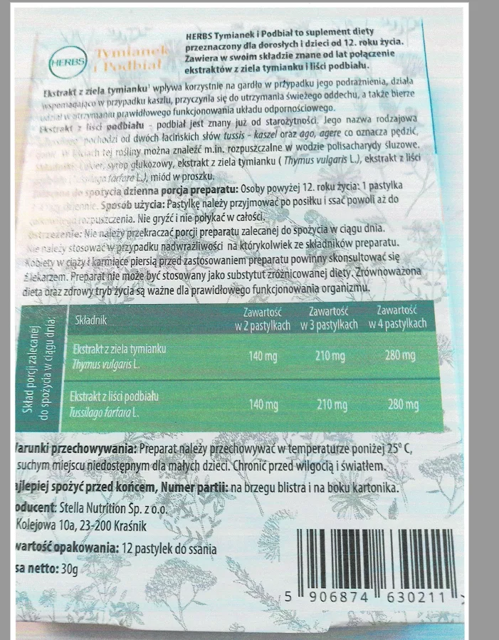 Ostrzeżenie publiczne dotyczące żywności: Obecność wysokiego poziomu alkaloidów pirolizydynowych w produkcie pn. HERBS, Tymianek i Podbiał, suplement diety