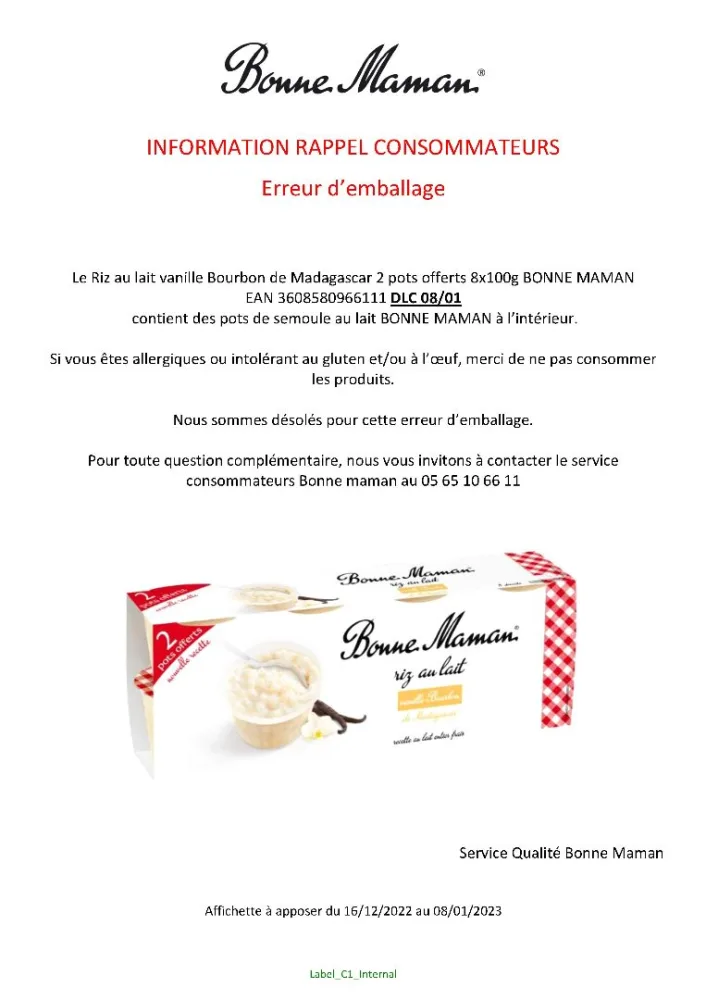 Riz au lait vanille 8x100gr dont 2 pots offerts