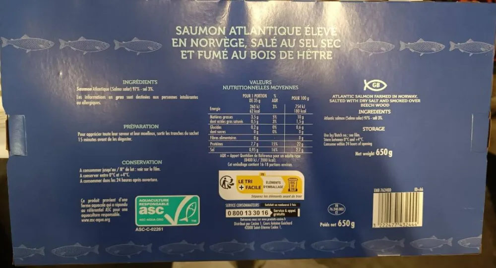 Saumon fumé élevé en norvège 650g casino