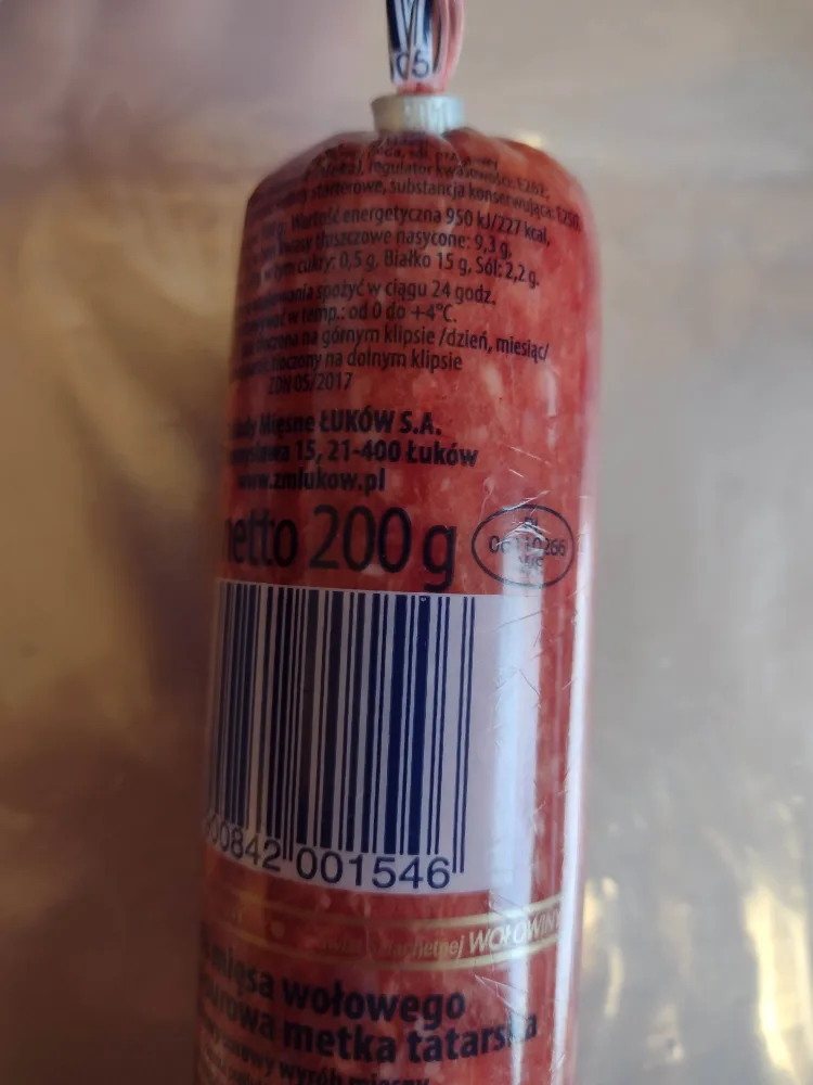 Kiełbasa surowa Metka wołowa Tatarska 200 g, Łuków