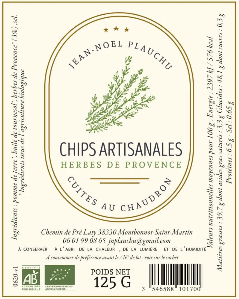 Chips artisanales - herbes de provence - cuites au chaudron (125gr)