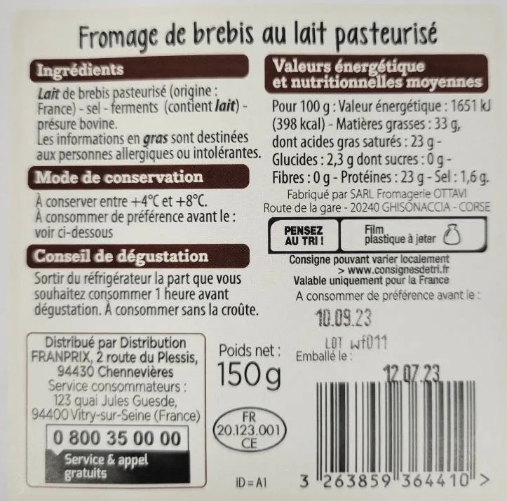 Tomme du brebis 150g franprix