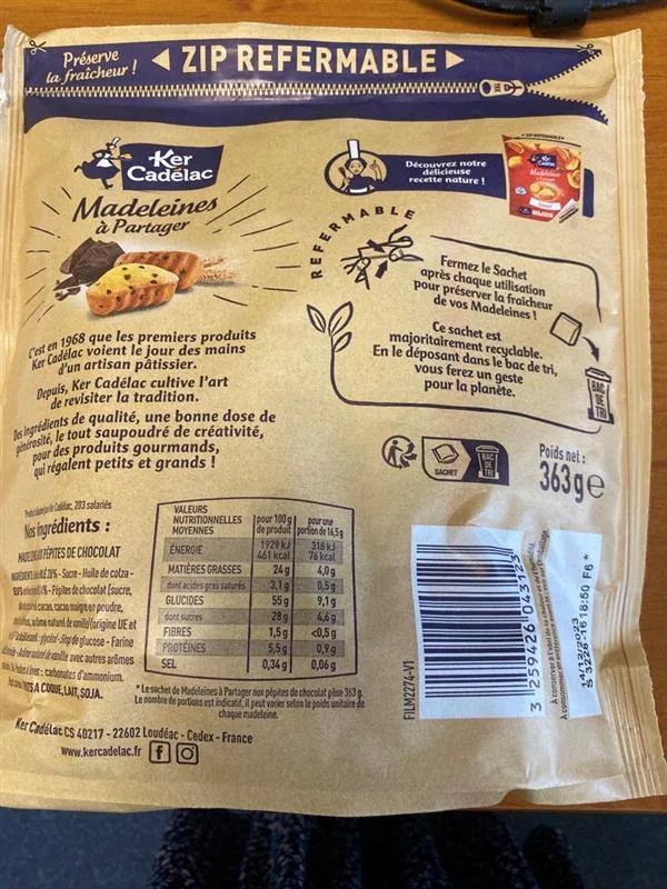 Madeleines à partager pépites de chocolat